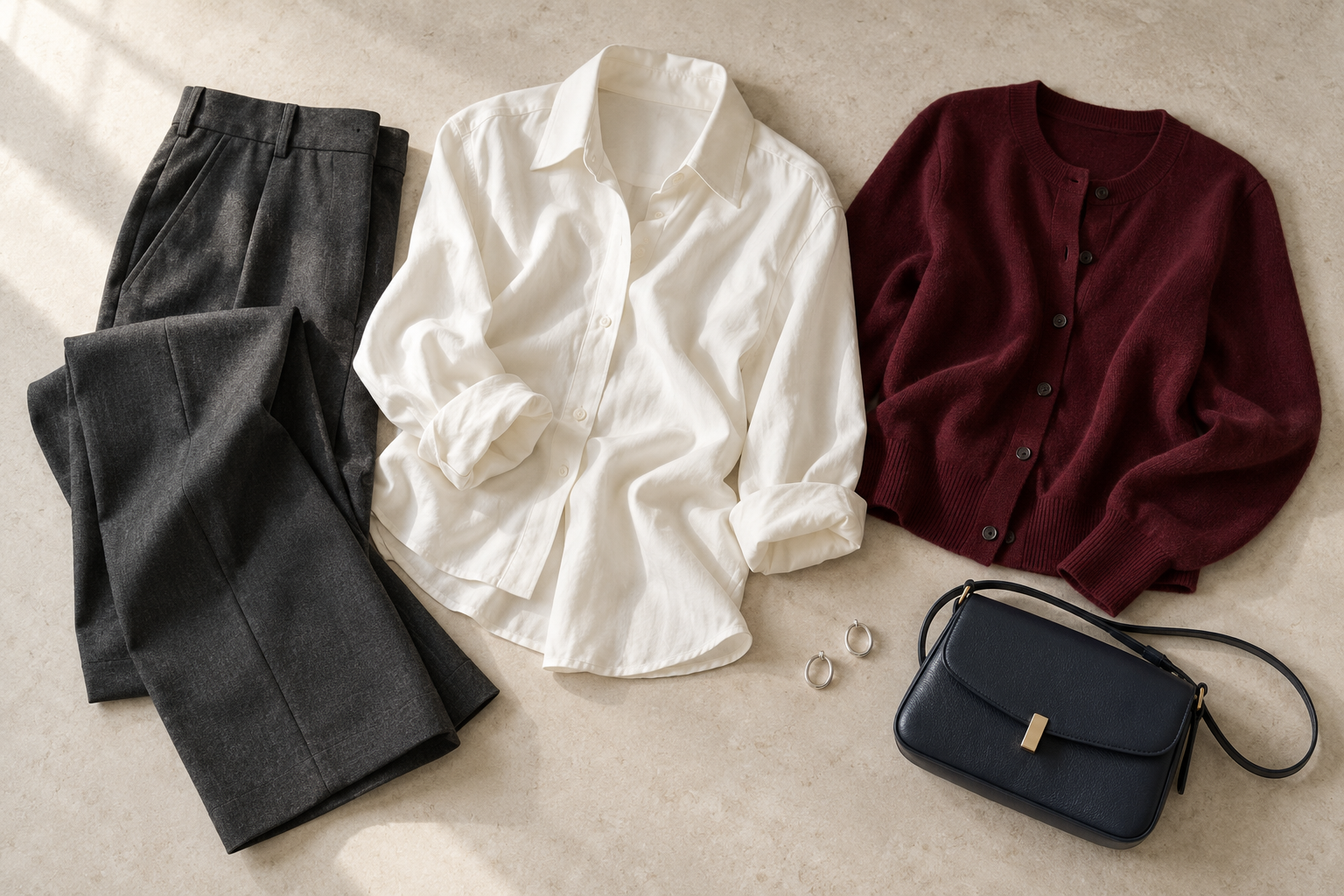 Combinación de pantalón gris, camisa marfil, cárdigan vino, bolso y aretes